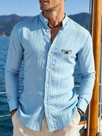 3pcs Men'S Lightweight Breathable Long Sleeve Shirts, Trendy "MILANO" Letter Flag Pattern Print - Fashionable Versatile Stand-Up Collar Comfortable Open Cardigan, Suitable for All Seasons, Beach, Outdoor, Travel Vacation, Party Daily Casual Wear - Sky Blue + White + Rose Red