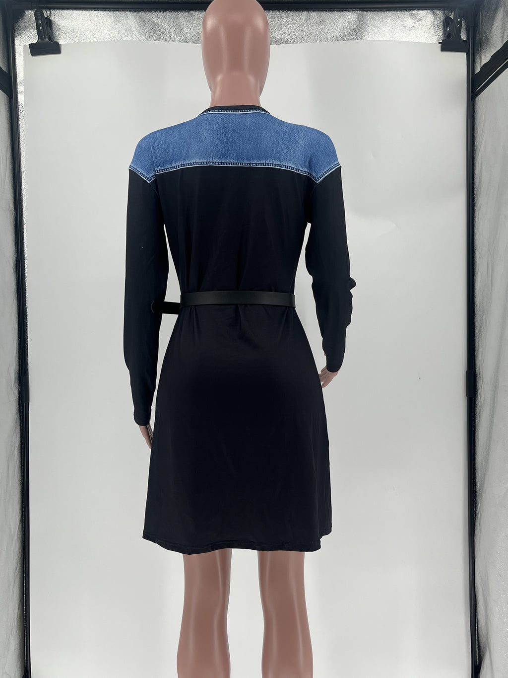 2D Printed Faux Denim Women's Long Top with Belt, Wilderness - Black