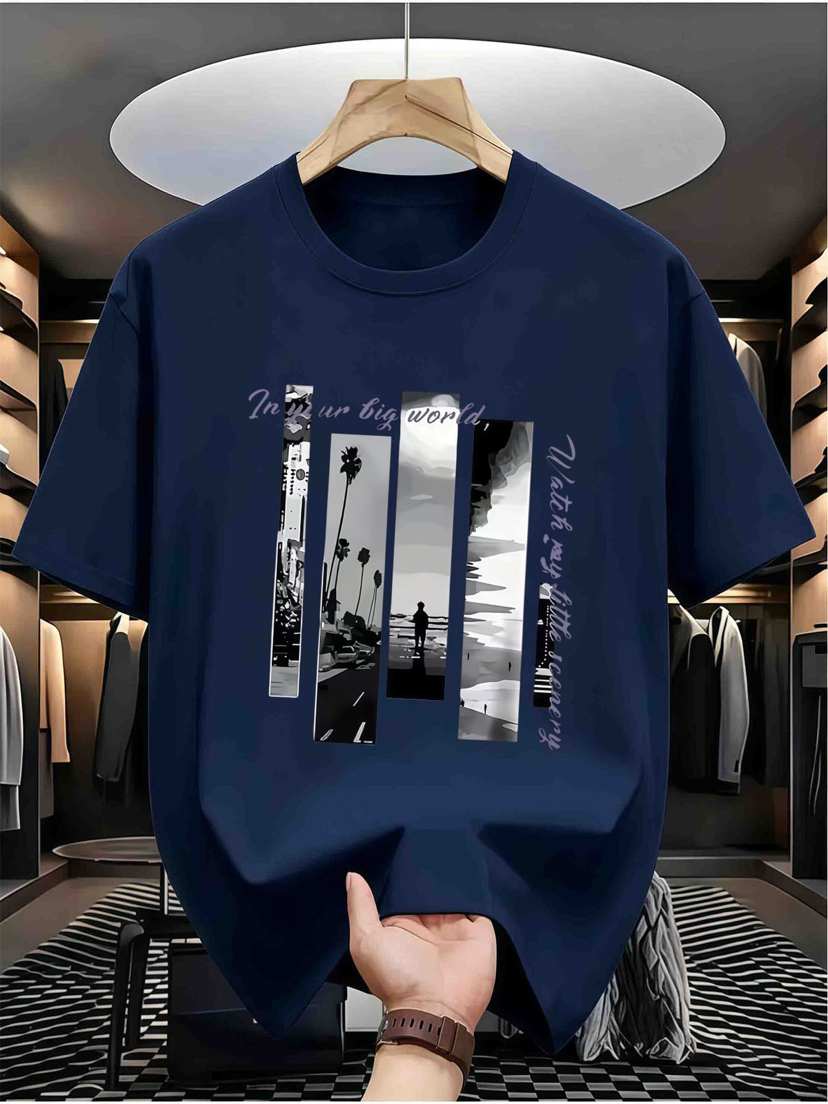 Men's American Street Style Printed T-Shirt, Summer Casual Crew Neck Top, Featuring Unique Split-Screen Black and White Landscape Pattern with Palm Trees, Beach Scenes and Artistic Slogan, Soft Breathable Fabric for Daily Wear, Va - Navy Color
