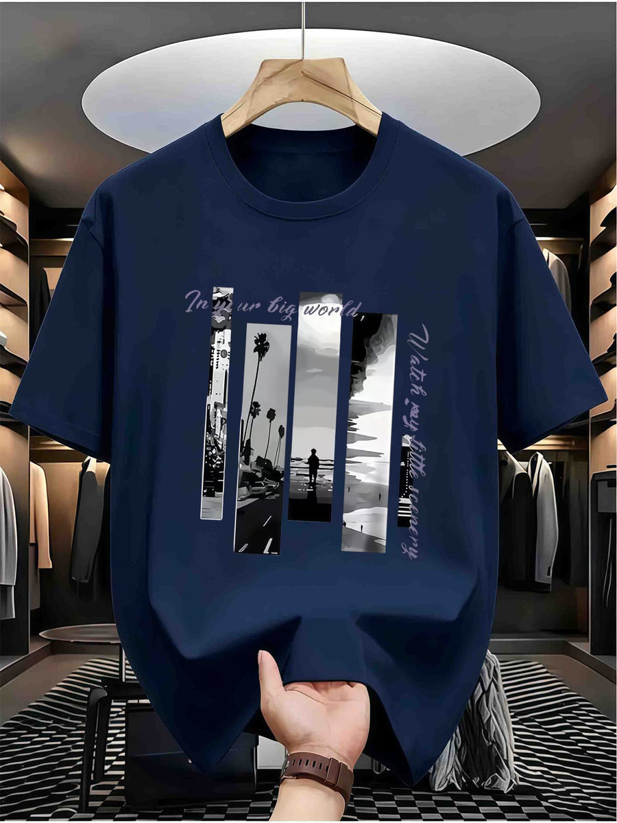 Men's American Street Style Printed T-Shirt, Summer Casual Crew Neck Top, Featuring Unique Split-Screen Black and White Landscape Pattern with Palm Trees, Beach Scenes and Artistic Slogan, Soft Breathable Fabric for Daily Wear, Va - Navy Color