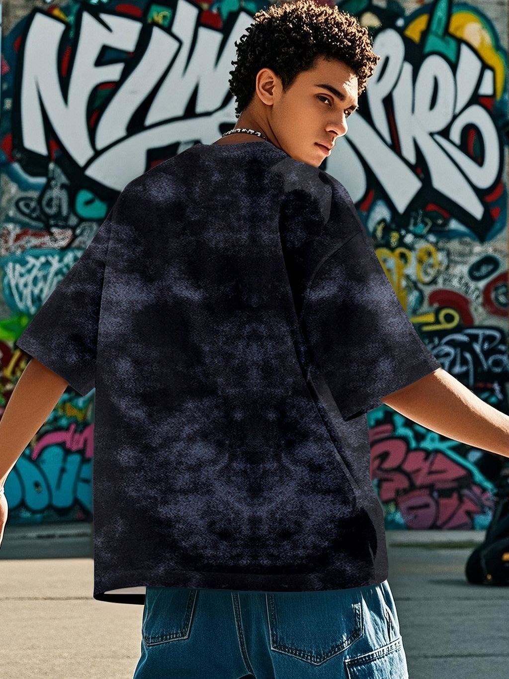 Men's American Tie-Dye Short Sleeve Street Style Shark Print Tie-Dye T-Shirt - Black Blue