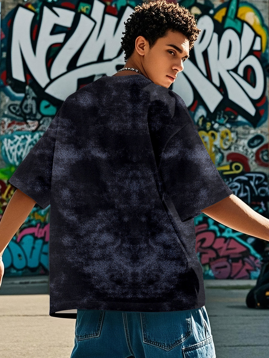 Men's American Tie-Dye Short Sleeve Street Style Shark Print Tie-Dye T-Shirt - Black Blue