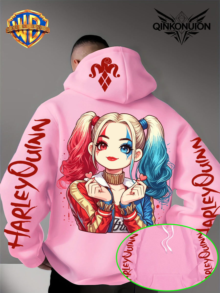 Warner Official Men'S Hoodie, Q-Version Quinn Red Blue Double Ponytail Cute Print Design, Machine Washable, Warm And Casual for Autumn And Winter, Daily Drawstring Hoodie, Multifunctional Sports And Casual Loose Fit - Pink Color