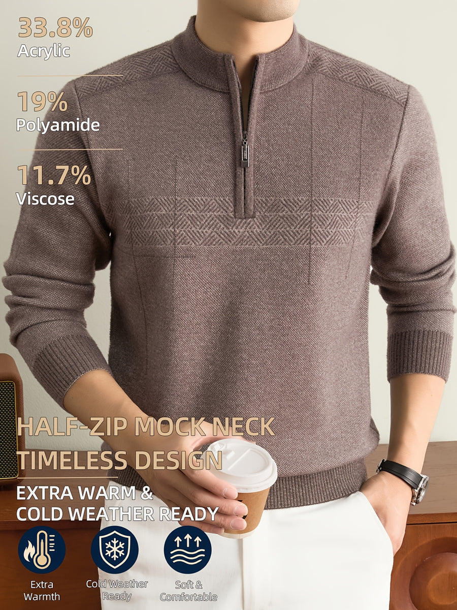 Men'S Half-Zip Knit Sweater, Classic Stand Collar And Textured Pattern, Thickened Warm Pullover in a Refined Timeless Style for Casual, Work, Hiking, Camping, Fishing, And Outdoor Wear - Camel