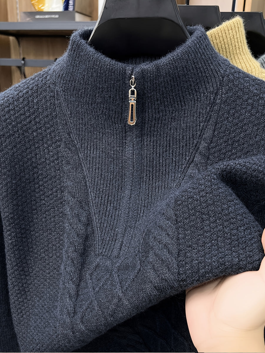 Men'S Thickened Semi-Open Zipper Stand Collar Knit Sweater, Ribbed Cuffs And Hem, Autumn/Winter Style, Single Wear And Layering, Light Mature Business Casual Style - Dark Gray