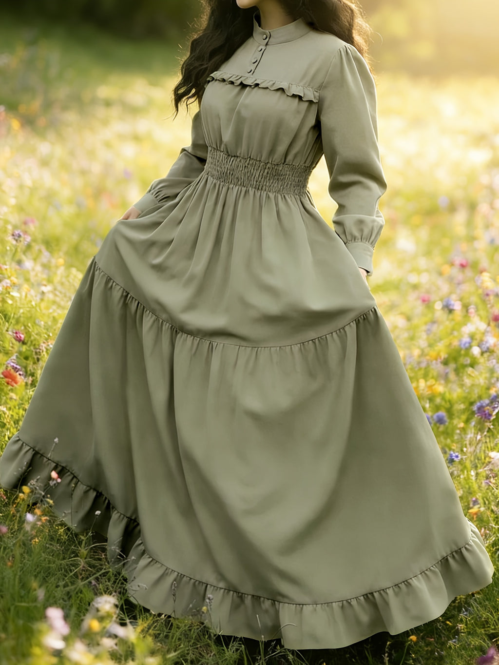 Spring Summer Court Style Olive Green Stand-Up Collar Dress, Wood Ear Trim Puff Sleeve Cable Waist, Vintage Elegant Flared Long Skirt Women'S 3A11378-1 - Matcha Color