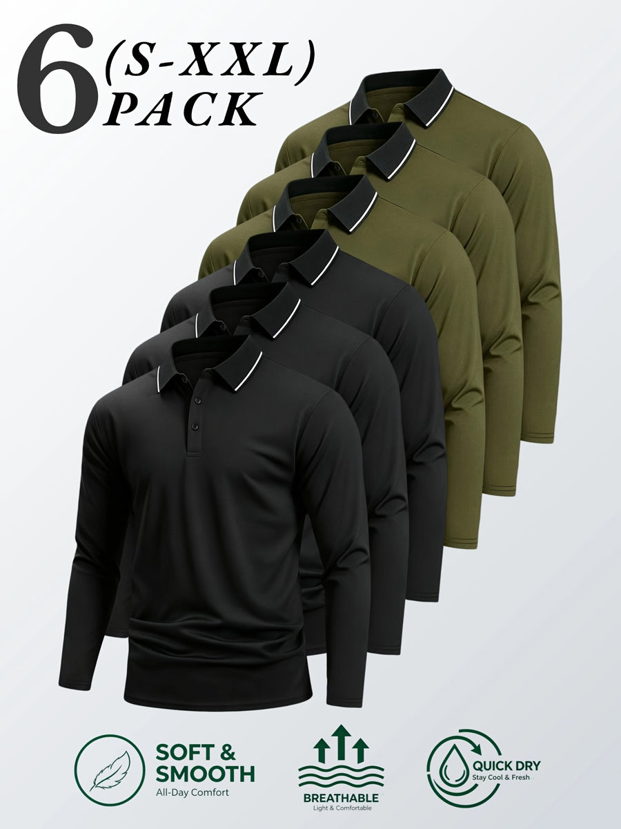 6pcs/Set Striped Lapel Long Sleeve Casual Sports Mesh Quick-Dry Breathable Comfortable POLO Shirt Basic Solid Color - Black 3+Green 3