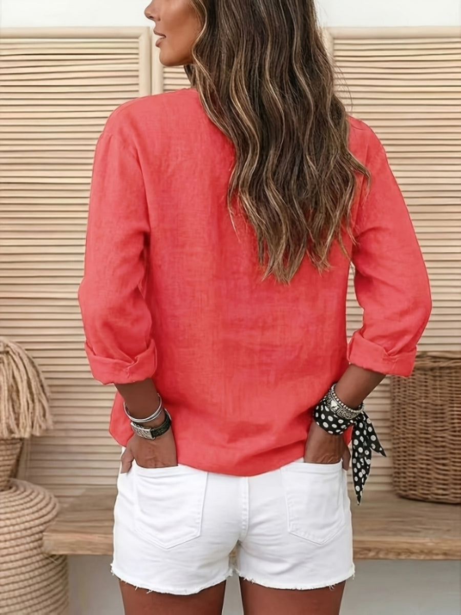 Women's Button-Up V-Neck Roll-Up Three-Quarter Sleeve Summer Casual Vacation Top JYDX - Watermelon Red