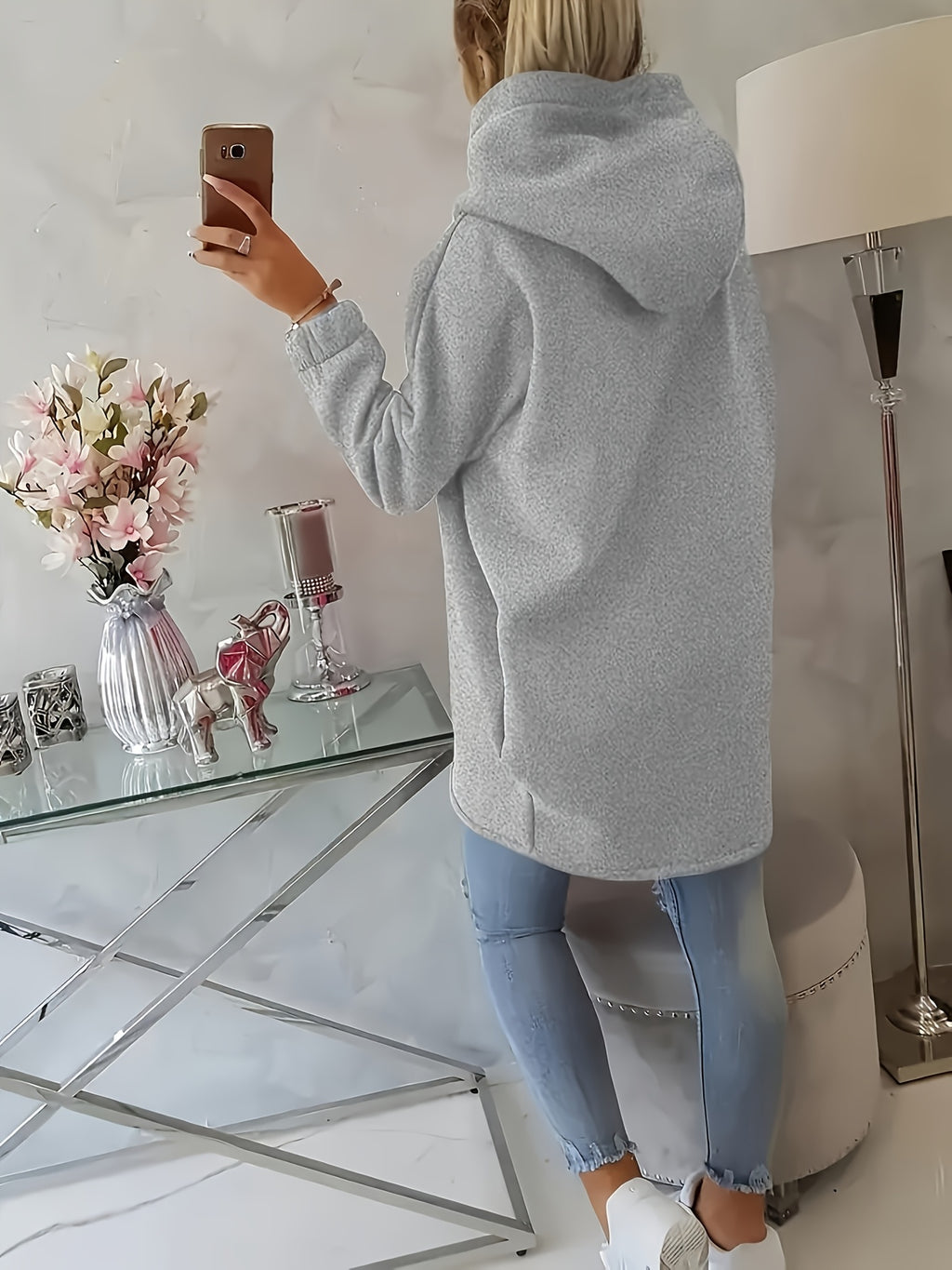 Plus Size, New European and American Women's Plus Size Hooded Sweatshirt with Full Front Zipper, Fashionable Asymmetric Hem Slit, Wide and Comfortable, Breathable, Thick and -Lined, Loose Fit, Long Sleeve, Warm for Autumn and Winter - Grey