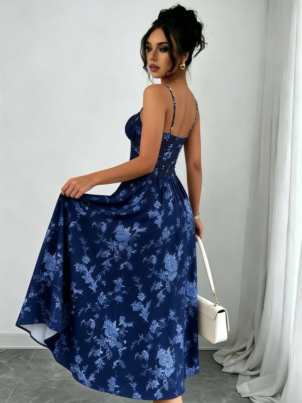 Women'S Elegant Romantic Floral Cami Dress Suitable for Vacation Travel Dates Parties Daily Commute - Navy Color