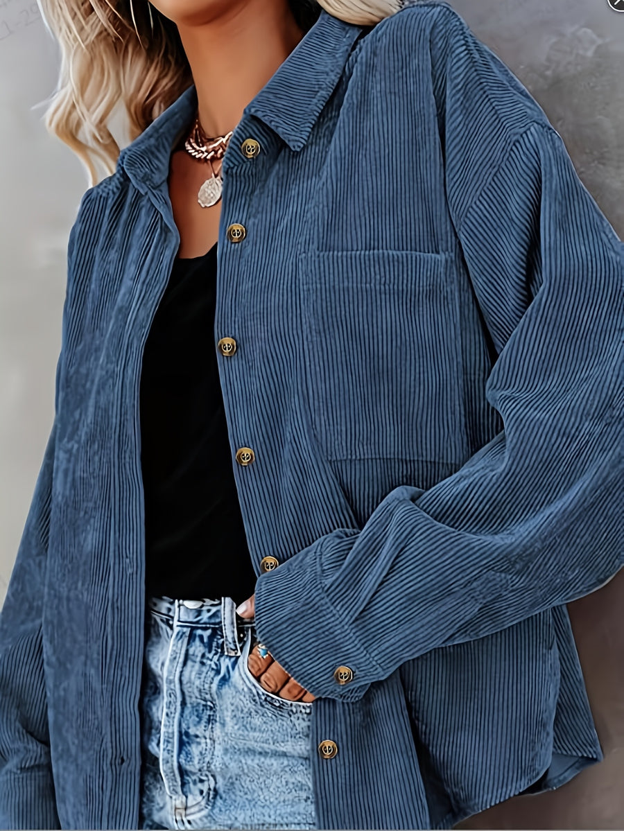 Corduroy Polo Collar Button-Up Casual Long Sleeve Shirt - Blue Navy