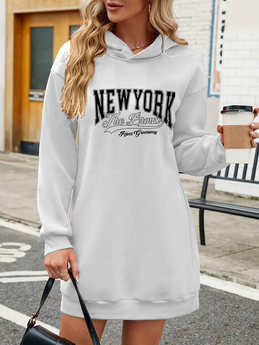 Women'S Fashion Letter Print Hooded Sweat Dress, Women'S Autumn Winter Premium Trendy Street Style Age-Reducing Fleece-Lined Color-Block Hooded Sweatshirt, Casual Versatile Hooded Top, Outerwear Pullover, Long Length Sweatshirt, Elegant - White