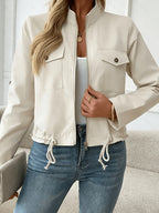 Women'S Lightweight Stand-Collar Jacket – Fashionable Zippered Bomber with Decorative Front Pockets And Adjustable Drawstring Hem, Ideal Casual Street Style Outerwear for Spring And Autumn - Khaki