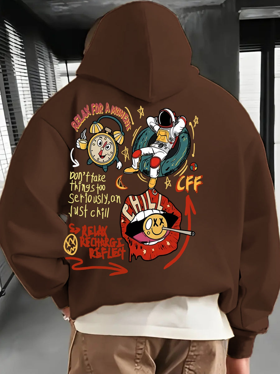 Men'S Fashion Hoodie, Loose Fit Casual Top, Print with "Astronaut" Lettering Print Pattern, Long-Sleeved Sweatshirt with Kangaroo Pocket, Casual Polyester Knit Fabric, Machine Washable Suitable for Outdoor Leisure Wear - Coffee Brown