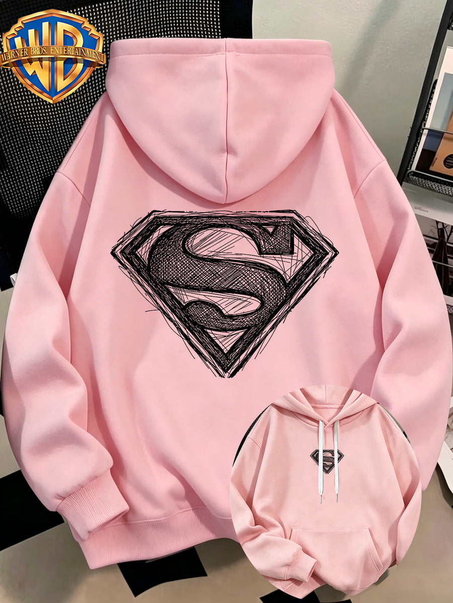 [Authorized by Warner Genuine] Fashion Hip Hop Print Fashion Brand Fashion Casual Versatile Sports Drawstring Pocket Hooded Men's Sweater, Men's Autumn and Winter Cute Casual Style, Sports Style Fashion Loose Hoodie, Daily Casual Wear. - Pink Color