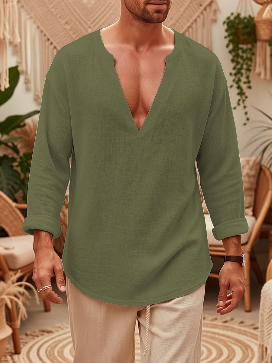 Spring/Autumn Men's Large V-Neck Linen Long Sleeve Shirt, a Versatile and Basic Men's Long Sleeve Top, Featuring a Casual and Comfortable V-neck Design, Suitable for Daily and Casual Wear - Military Green