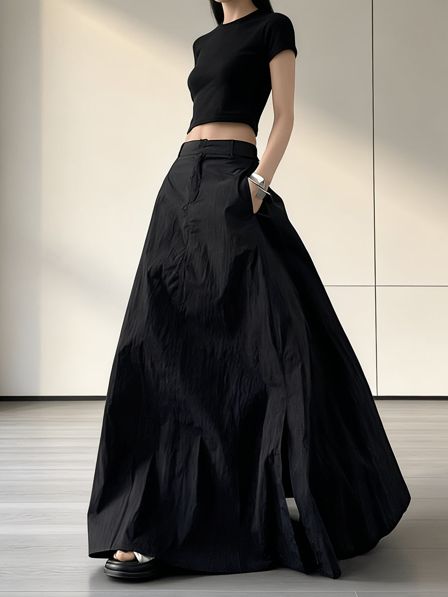 American Workwear Skirt Women'S 2025 New High-Waist Vintage Side Pleat Design A-Line Butt-Hugging Long Dress - Black