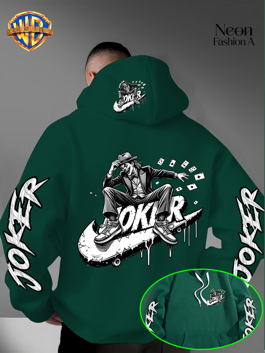 Warner Bros. Official Men'S Autumn Winter Trendy Print Hooded Fleece Sweatshirt, Long Sleeve Pullover Hoodie, Black And White Line Art Skateboard Joker Dripping Graffiti Trendy Print Pattern, Kangaroo Pouch And Drawstring Design - Green