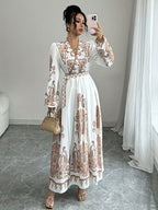 Women's French-Style Vintage Palace Wedding & Evening Gown - V-Neck Lantern Sleeve Maxi Dress with Adjustable Waist Tie , A-Line Train Dress for Proms, Galas, Special Occasions (Machine Washable) - Mixed colors