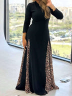 Elegant Black Kaftan Dress for Women - Casual Long A-Line Maxi Dress with Leopard Print, Long Sleeves, And Flowing Hem, Perfect for Spring And Fall, Casual Wear | Ruffle Detail Dress | Fabric - Black