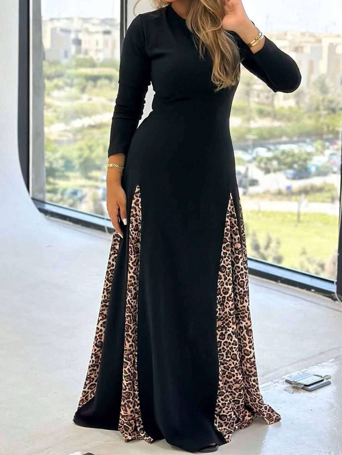 Elegant Black Kaftan Dress for Women - Casual Long A-Line Maxi Dress with Leopard Print, Long Sleeves, And Flowing Hem, Perfect for Spring And Fall, Casual Wear | Ruffle Detail Dress | Fabric - Black