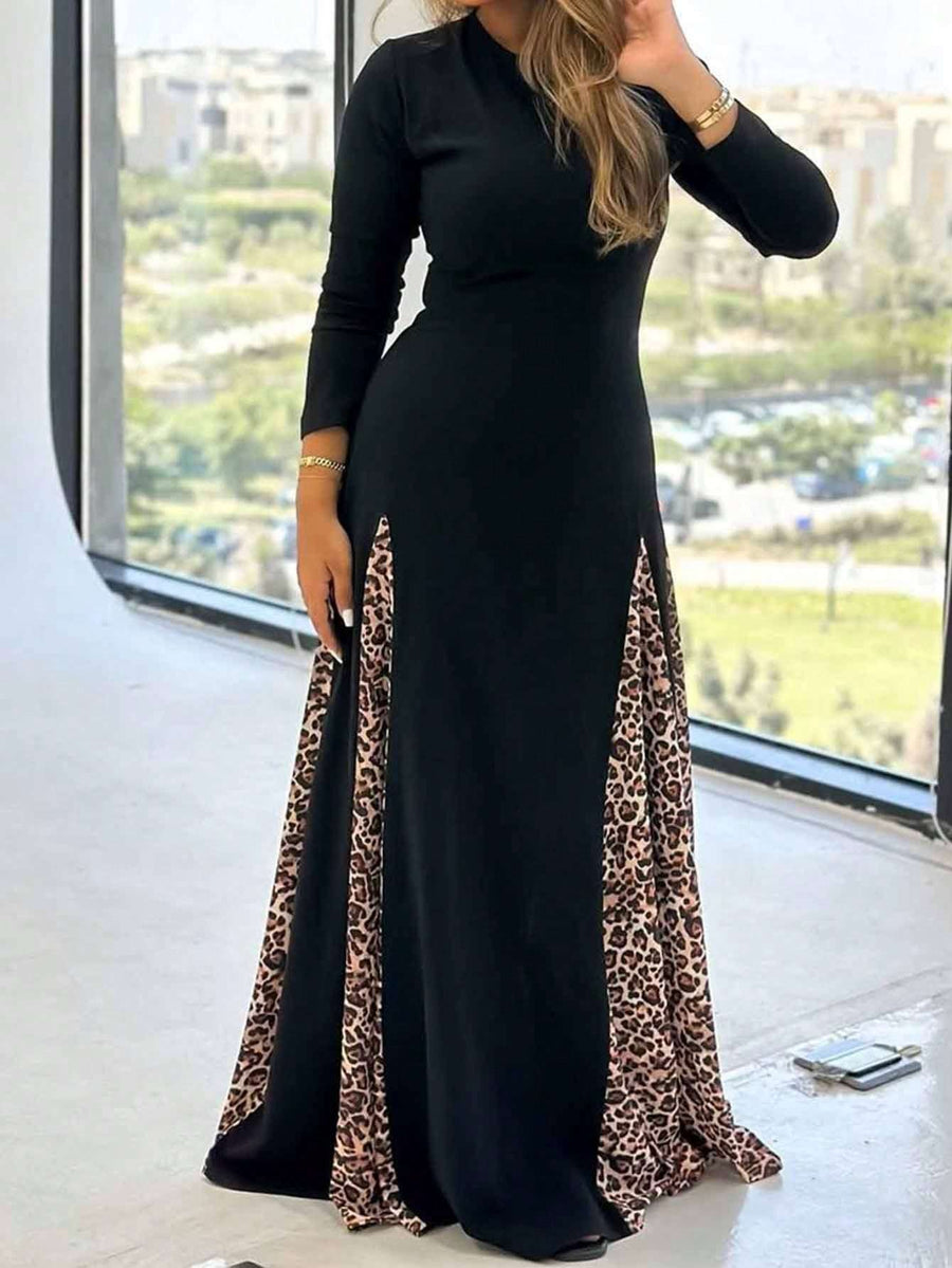 Elegant Black Kaftan Dress for Women - Casual Long A-Line Maxi Dress with Leopard Print, Long Sleeves, And Flowing Hem, Perfect for Spring And Fall, Casual Wear | Ruffle Detail Dress | Fabric - Black
