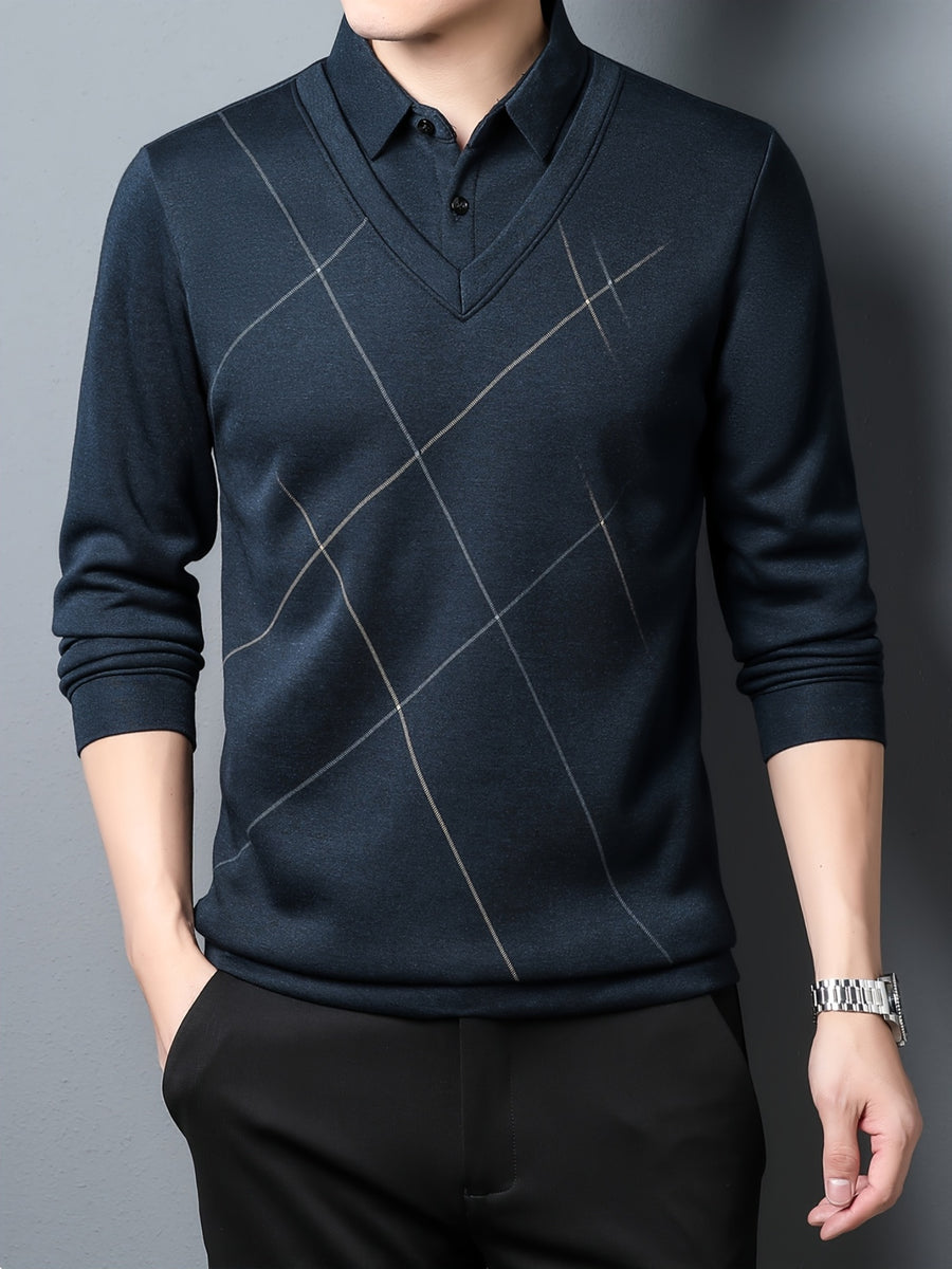 Fake Two-Piece Men'S Top Autumn Winter Base Layer Checkered Shirt Collar Men'S Business Casual Versatile Inner Top - Blue
