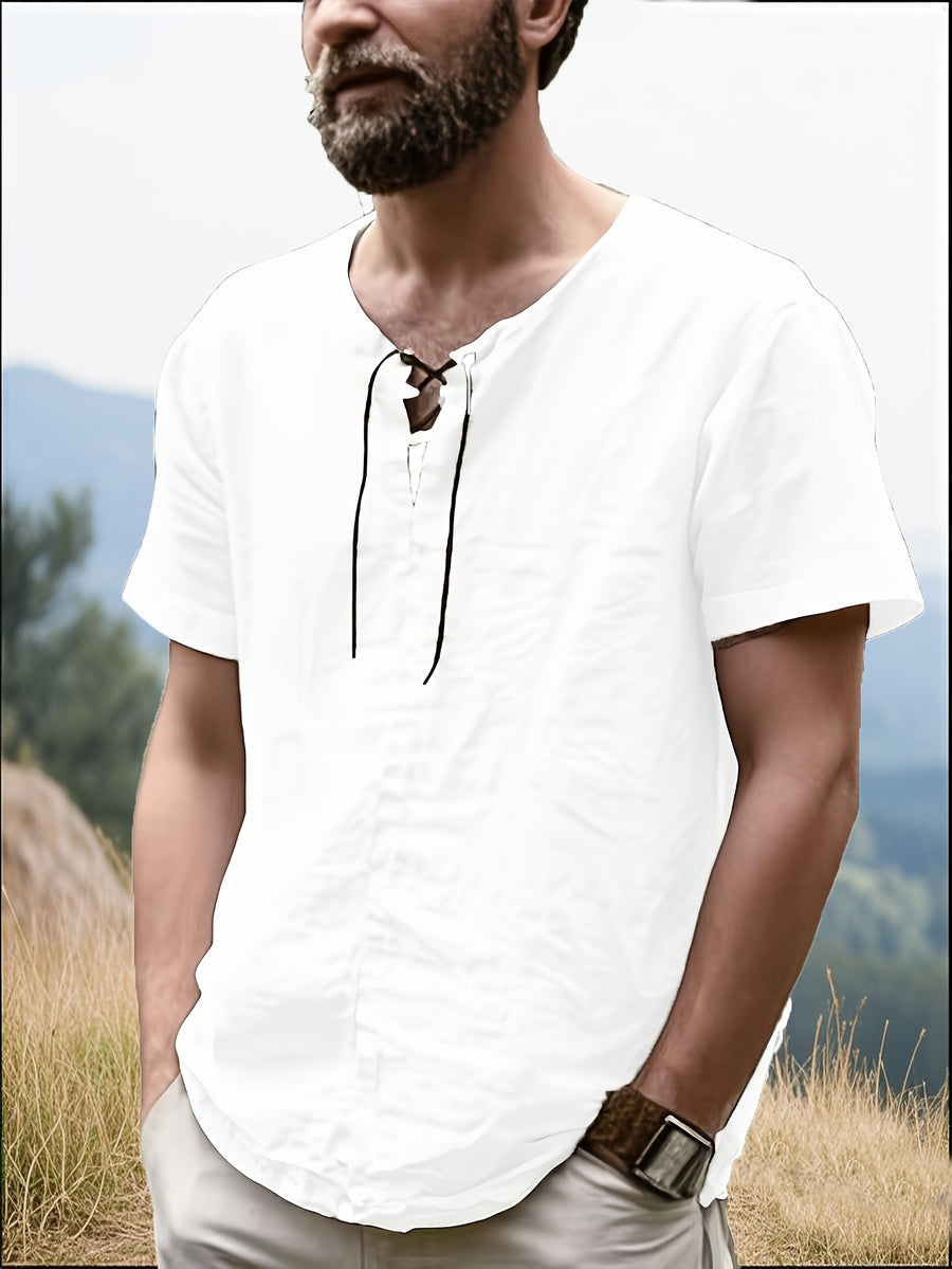 Men's Casual T-Shirt, Versatile Summer Short-Sleeve Top, Fashionable Solid Color Sweatshirt, Crew Neck with Drawstring Design - Lightweight and Breathable, Machine Washable, Suitable for Daily Wear and Outdoor Leisure - White
