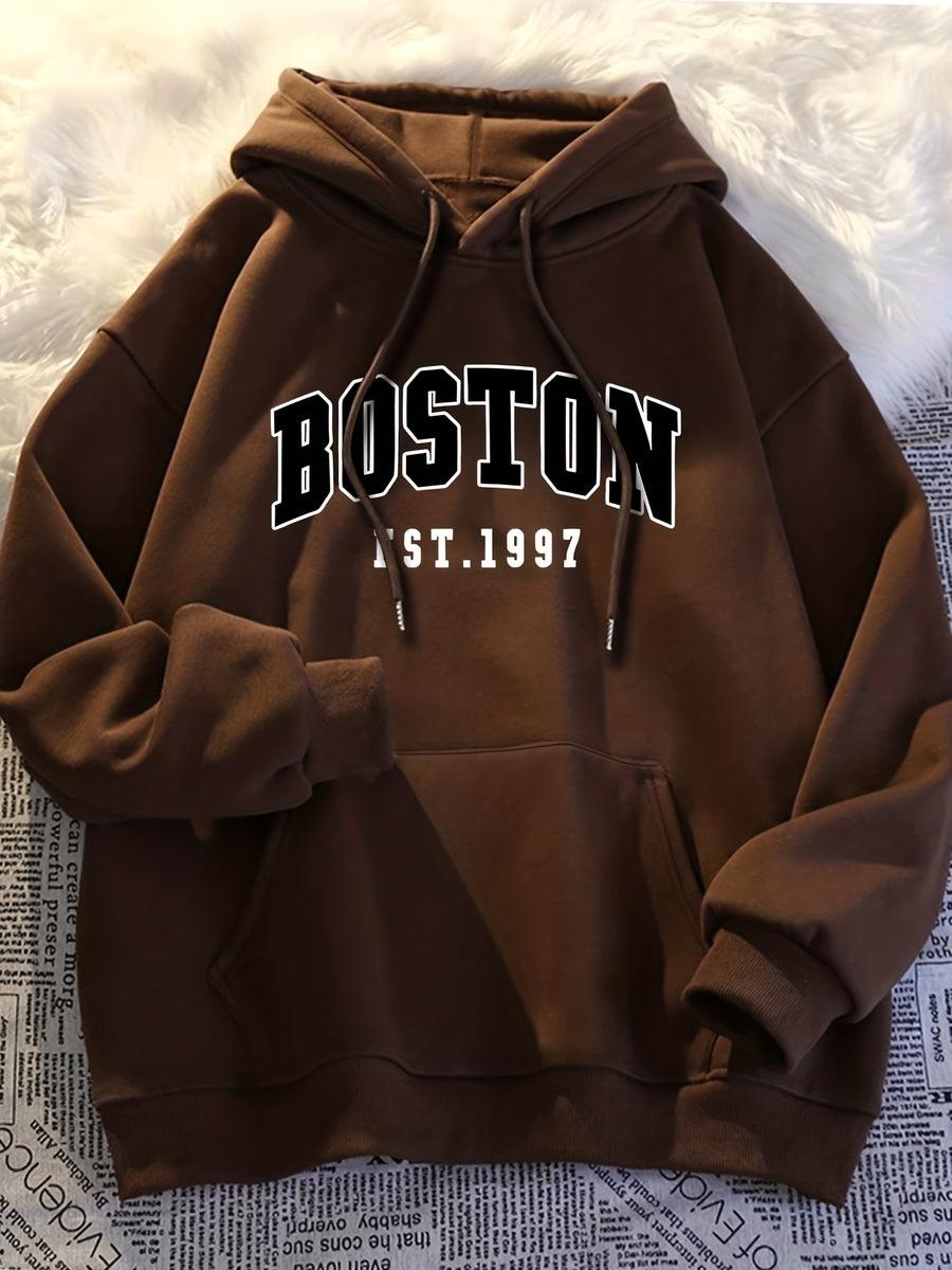 Minimalist Style Boston Letter Print Men'S Hooded Sweatshirt Regular Fit, Casual Long Sleeve Pullover - Coffee Color