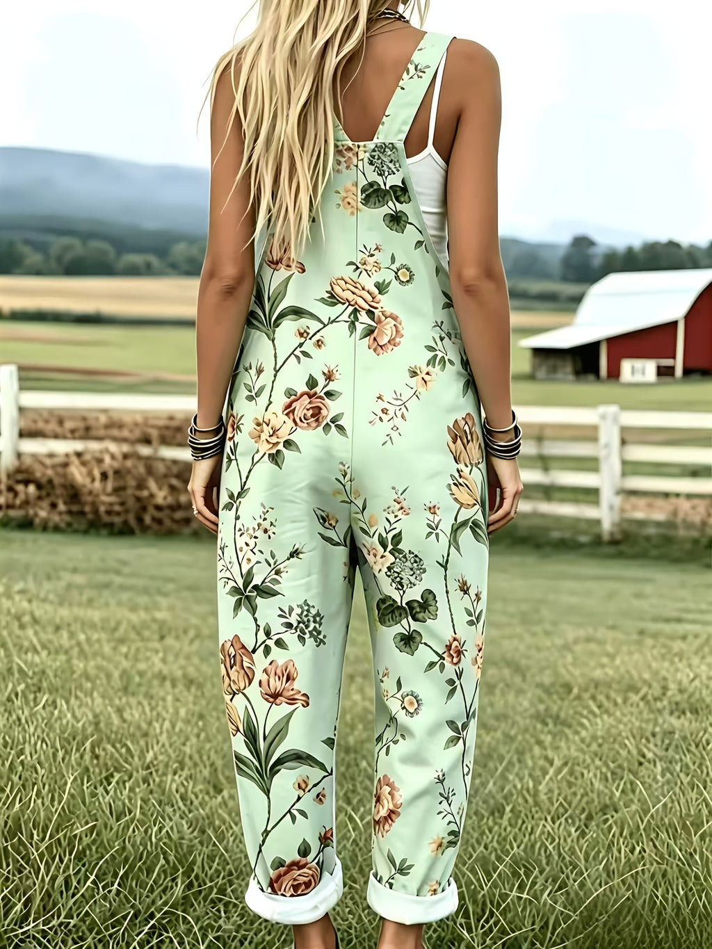 Women'S Fashion Design Versatile Overalls with Button Adjustable Straps - Cartoon Cute Floral Print A87 - Green