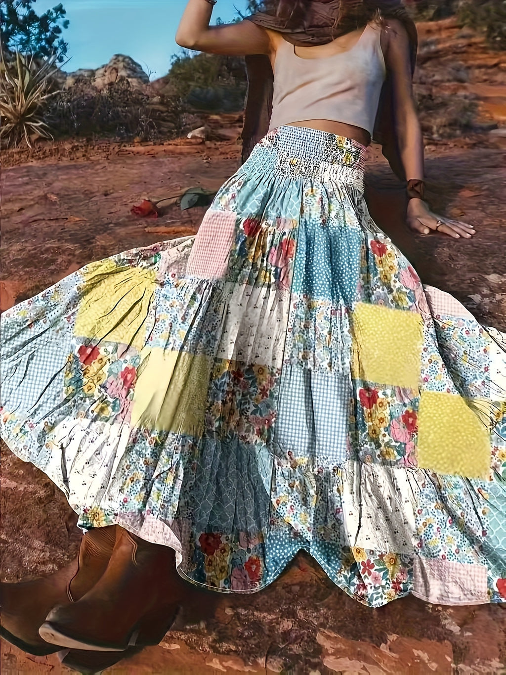 Women'S Summer Fall Casual Design High-Waist Half Skirt, Elastic Waist Floral Waist Long Skirt - Multicolor