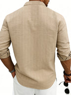 American Spring and Summer Linen Jacquard Striped Loose Casual Stand Collar Long Sleeved Pocket Men's Commuting Trend Shirt - Khaki