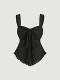 Women'S New Spring/Summer Wide-Strap Bow-Tie, Stretch Textured Fabric Top, Slim Fit, Sweet And Fashionable, Suitable for Dating, Daily Wear - Black