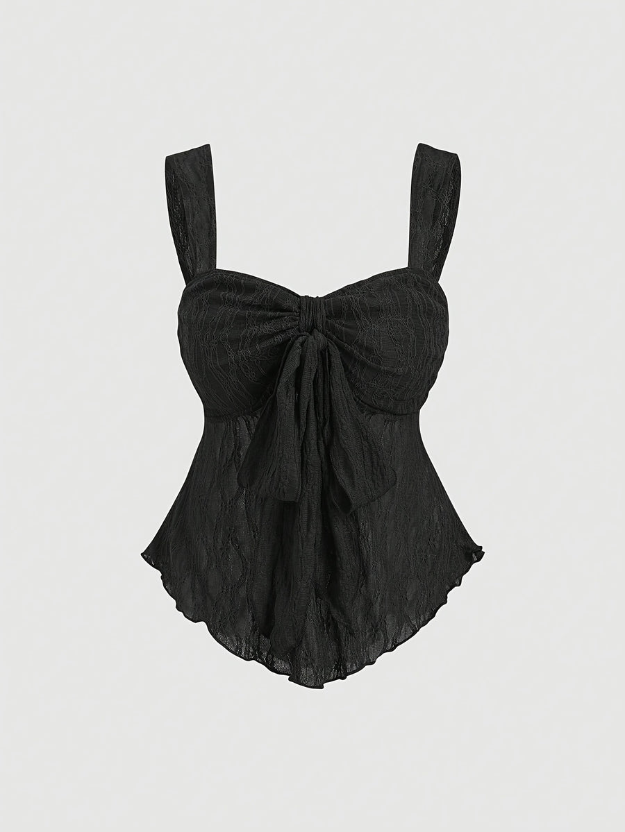 Women'S New Spring/Summer Wide-Strap Bow-Tie, Stretch Textured Fabric Top, Slim Fit, Sweet And Fashionable, Suitable for Dating, Daily Wear - Black