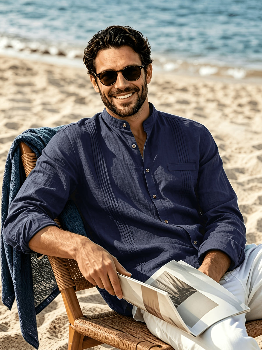 Men's Lightweight Breathable Linen Shirt with Stand-Up Collar & Roll-Up Sleeves - Retro Button-Front Suitable for Beach Vacation, Commuting, Casual Wear, Symmetrical Pleats, Single Pocket, Machine Washable Summer Top (Gift Selection) - Navy Color