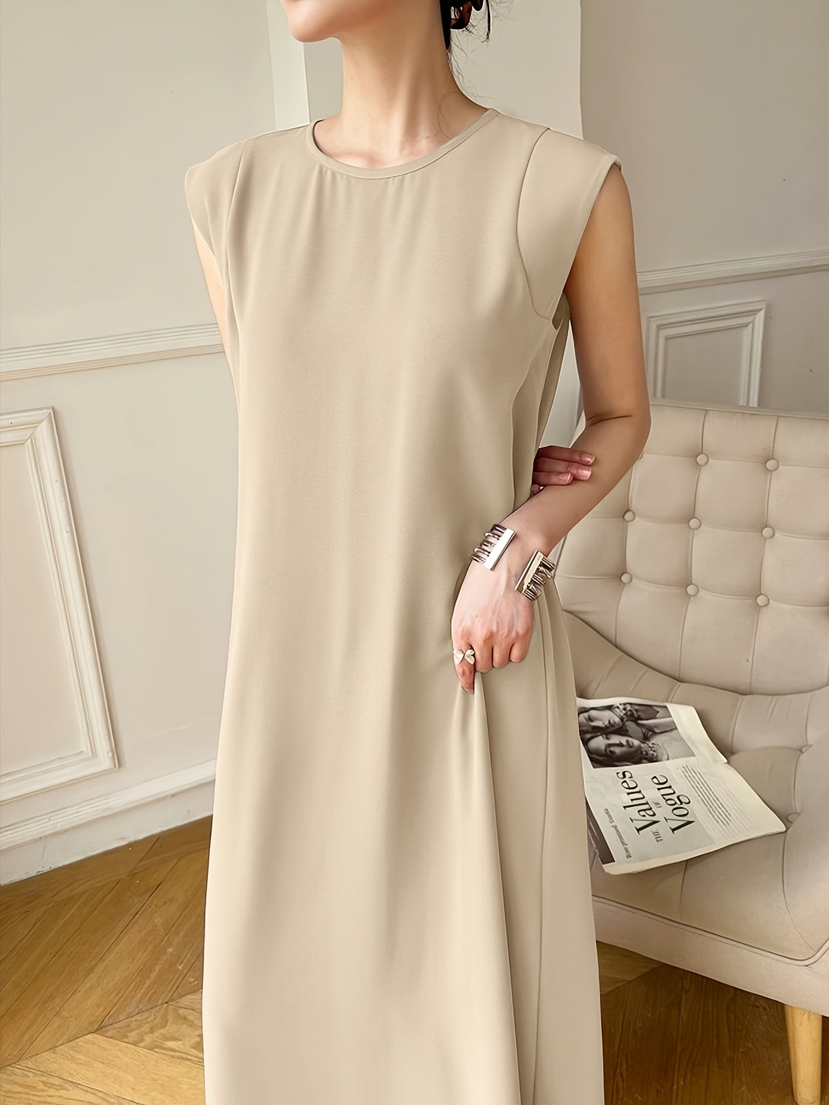 Middle Eastern Muslim Lady'S Solid Color Elegant Casual Long Dress, Sleeveless Comfortable Floor-Length Abayas As The Inner Layer of The Dress, Long Dress for Ramadan/Eid Al-Fitr, Sleeveless Dress for Ladies' Casual Home And Outdoor Wear - Khaki