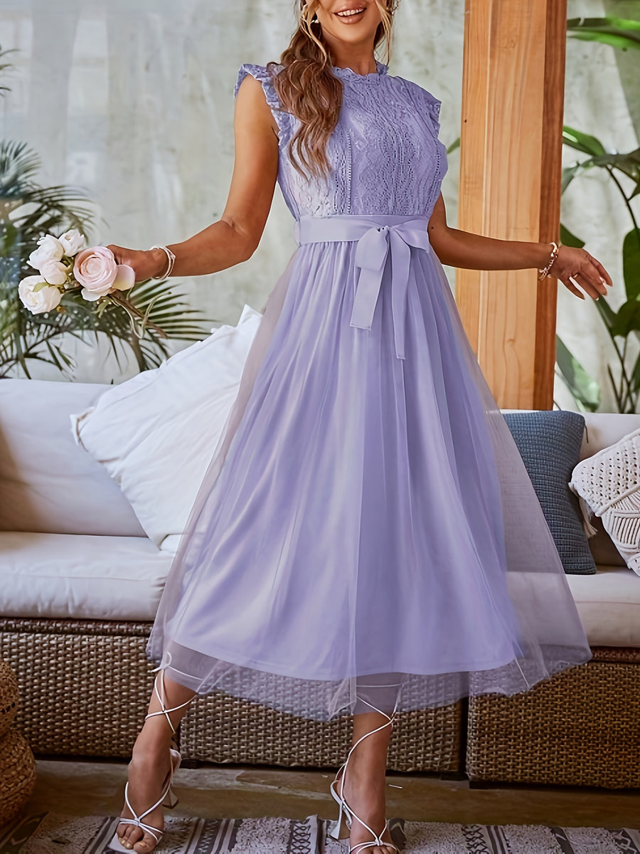Women's Spring-Summer New Contrast Lace Mesh Spliced Long Sleeveless Elegant Dress - Lavender