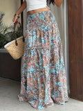 Women's Casual Vintage Print Elastic Waist Long Bohemian Pleated Skirt for Spring/Summer Vacation & Daily Wear - Blue
