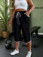 New Spring And Summer Solid Color Casual Comfortable Mid-Length Sweatpants For, Fitness, And with Pockets - Black