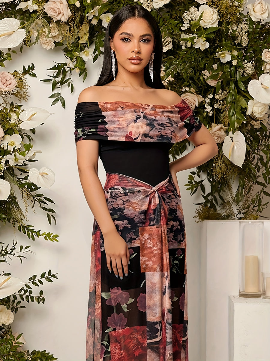 Retro Floral Off-Shoulder Women'S Dress, Artistic Patchwork And French Bare-Shoulder Style - Multicolor