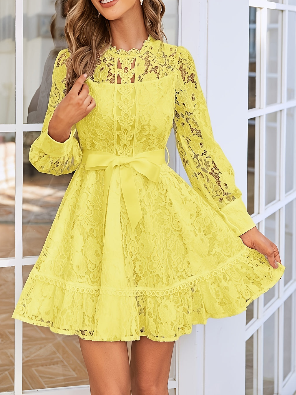Wedding Guest Dress Women'S New Easy Solid Color Lace Elegant Short Sleeve Dress Bridesmaid Dress - Yellow