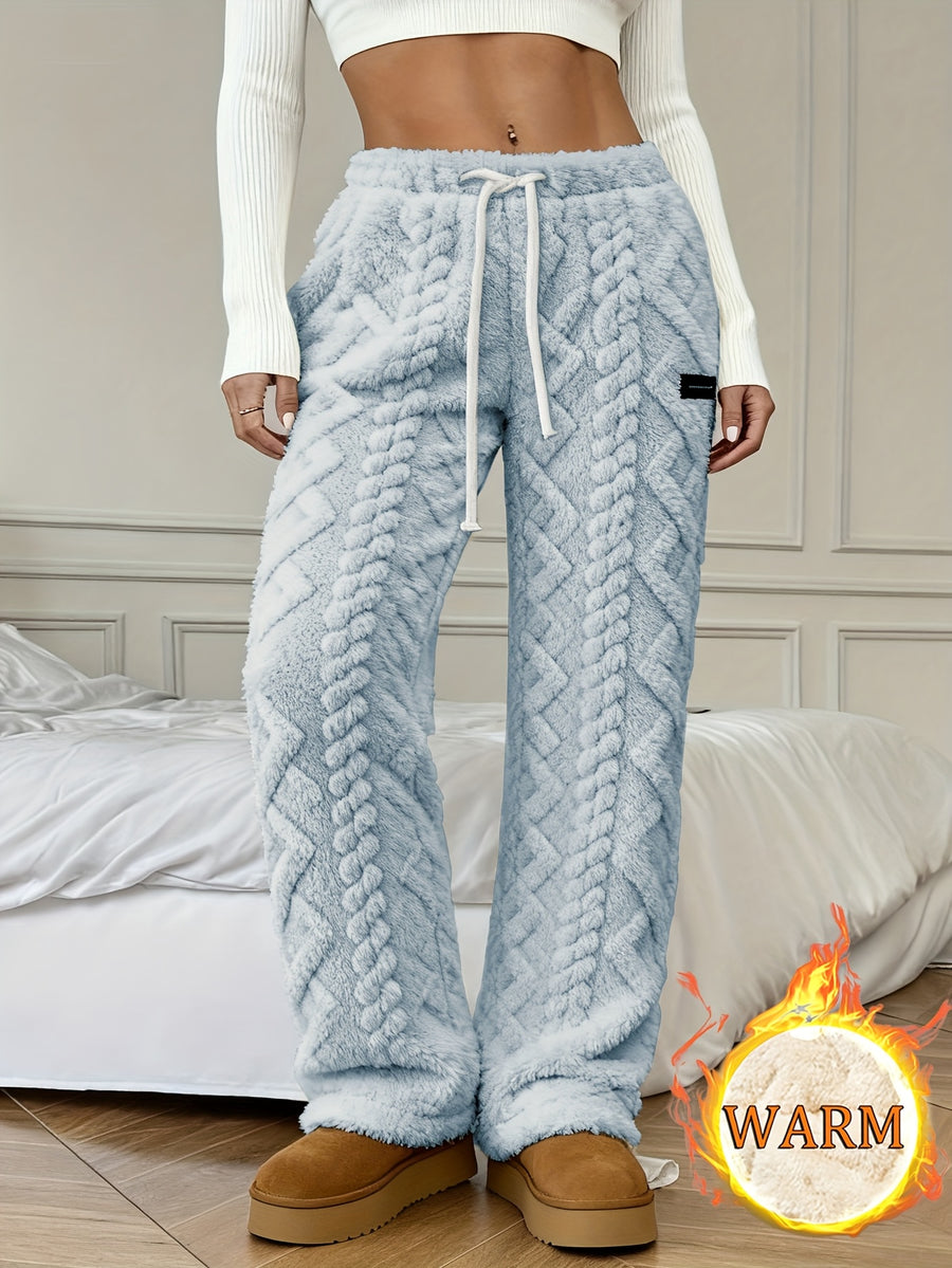 Women's Winter -Lined Casual Pants, Jacquard Fabric, Drawstring Waist, Suitable for Winter Home and Outdoor Wear - Grey