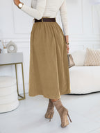 YY0824062 + Lingshan Directional + Women'S Spring And Autumn Elegant Retro A-Line High Waist Oblique Pocket Pleated Skirt, Elastic Waist, Commuting Versatile Mid-Length Umbrella Skirt - Yellowish-brown