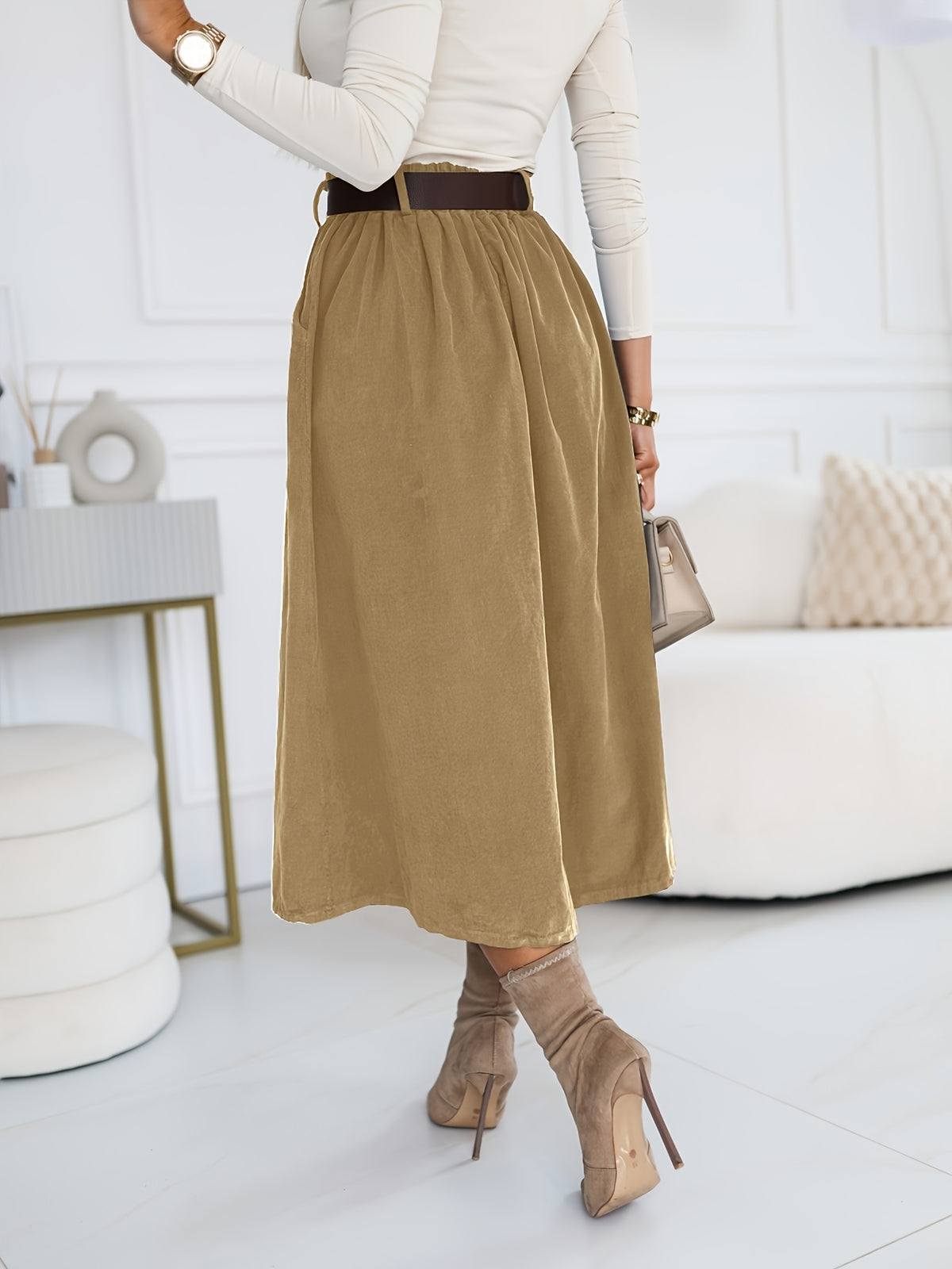 YY0824062 + Lingshan Directional + Women'S Spring And Autumn Elegant Retro A-Line High Waist Oblique Pocket Pleated Skirt, Elastic Waist, Commuting Versatile Mid-Length Umbrella Skirt - Yellowish-brown