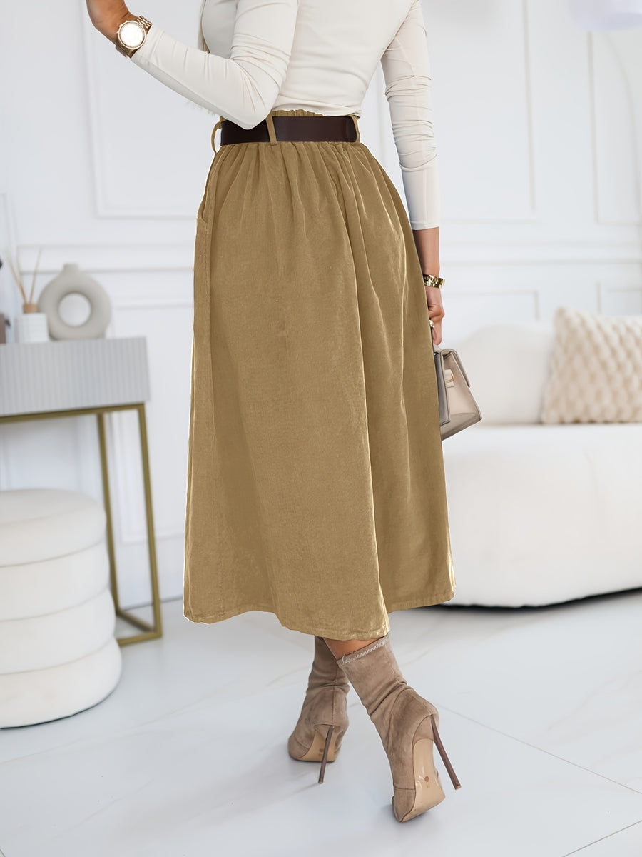 YY0824062 + Lingshan Directional + Women'S Spring And Autumn Elegant Retro A-Line High Waist Oblique Pocket Pleated Skirt, Elastic Waist, Commuting Versatile Mid-Length Umbrella Skirt - Yellowish-brown