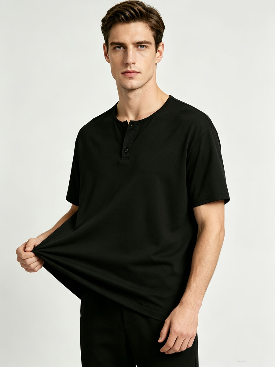Short Sleeve T-Shirt Henley Collar Half-Open Round Neck Summer New Round Neck Solid Color Men'S Thin Top Athletic Short Sleeve Men'S Loose Plus Size Fitness Slim T-Shirt Henley Button-Up Collar Base Layer Training Trendy - Black