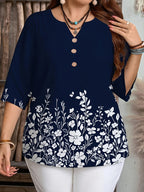 Women's Casual Fashion Positioning Printed Shirt Versatile Blue V-Neck Top - Blue