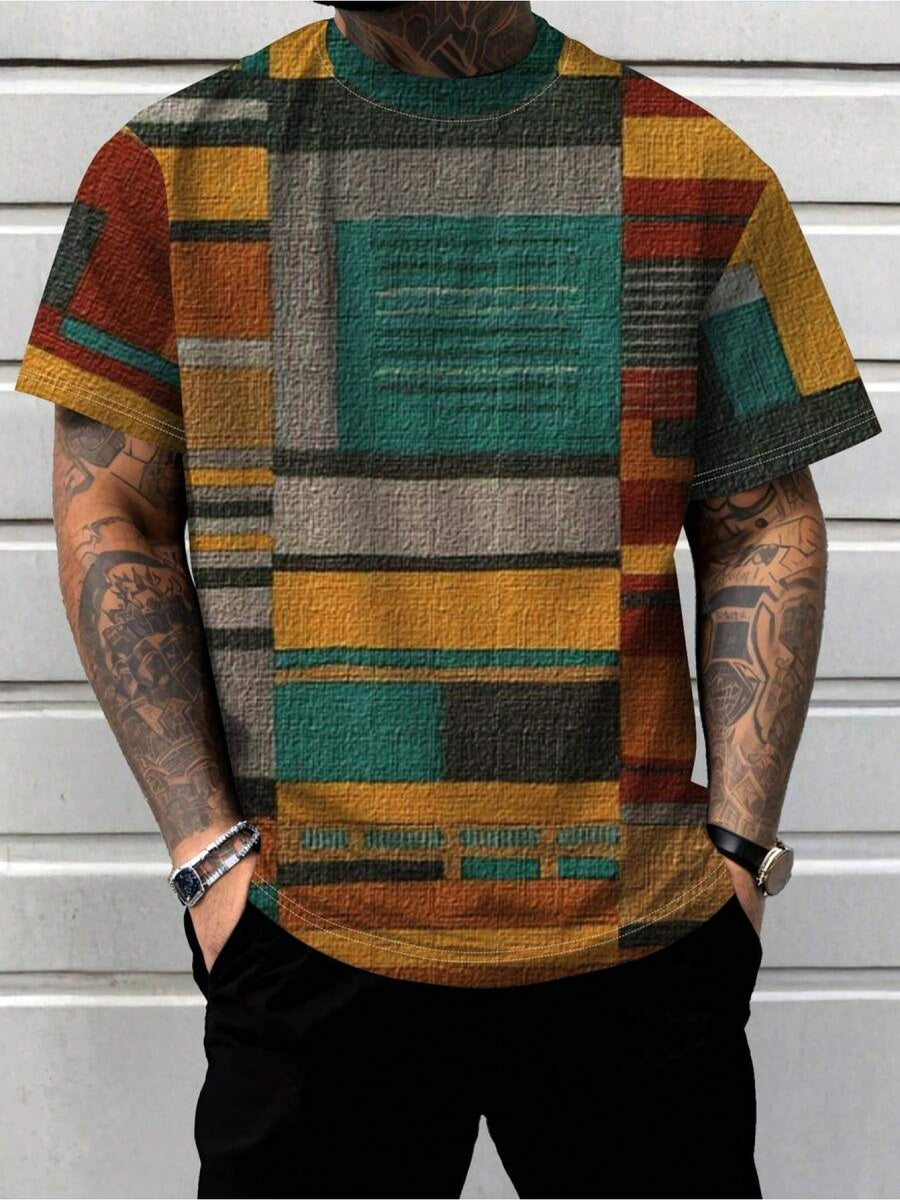 Men's Patchwork Print T-Shirt - Short Sleeve Crew Neck Casual Shirt with Multi-Color Suitable for Casual Attire, Machine Washable, Non- Regular Fit Suitable for Body Types, Modern Patchwork - Mixed colors