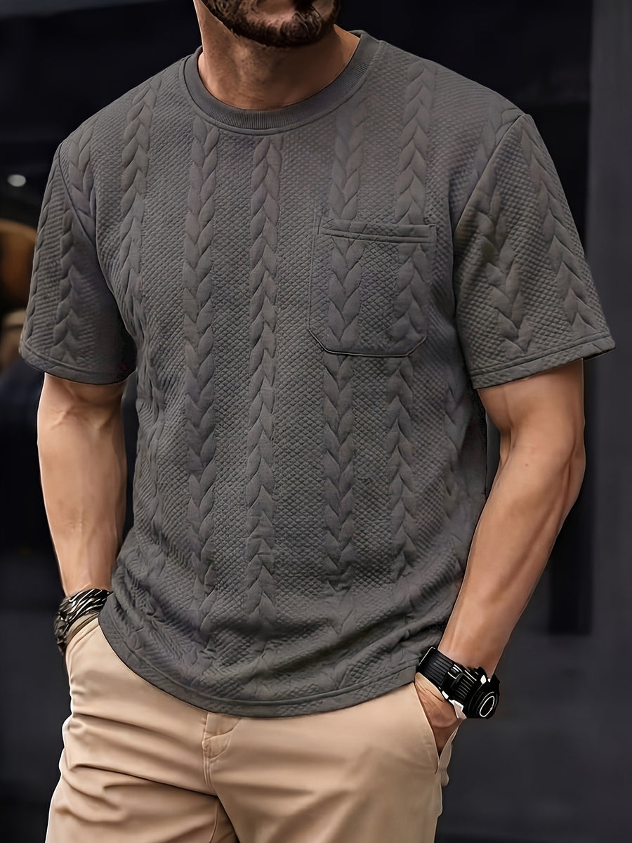 Summer Men'S Jacquard Brocade Short Sleeve T-Shirt, Solid Color Round Neck with Pocket, Loose Fit Casual Versatile Plain T-Shirt - Grey
