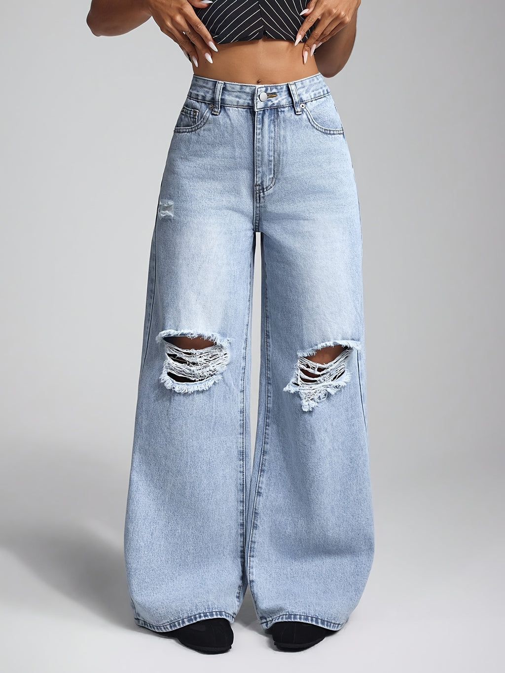 American-style Spicy Ripped High-waist Wide-leg Floor-length Denim Pants - Light Blue